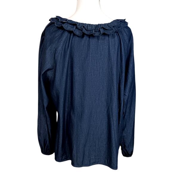$118 NEW DRAPER JAMES Chambray Denim Peasant Top Blouse 1X Ruffle Boho Feminine - Picture 11 of 12